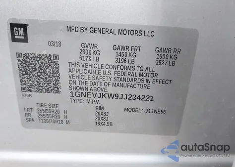 2018 Chevrolet Traverse Premier z USA, uszkodzony, nr VIN 1GNEVJKW9JJ234221